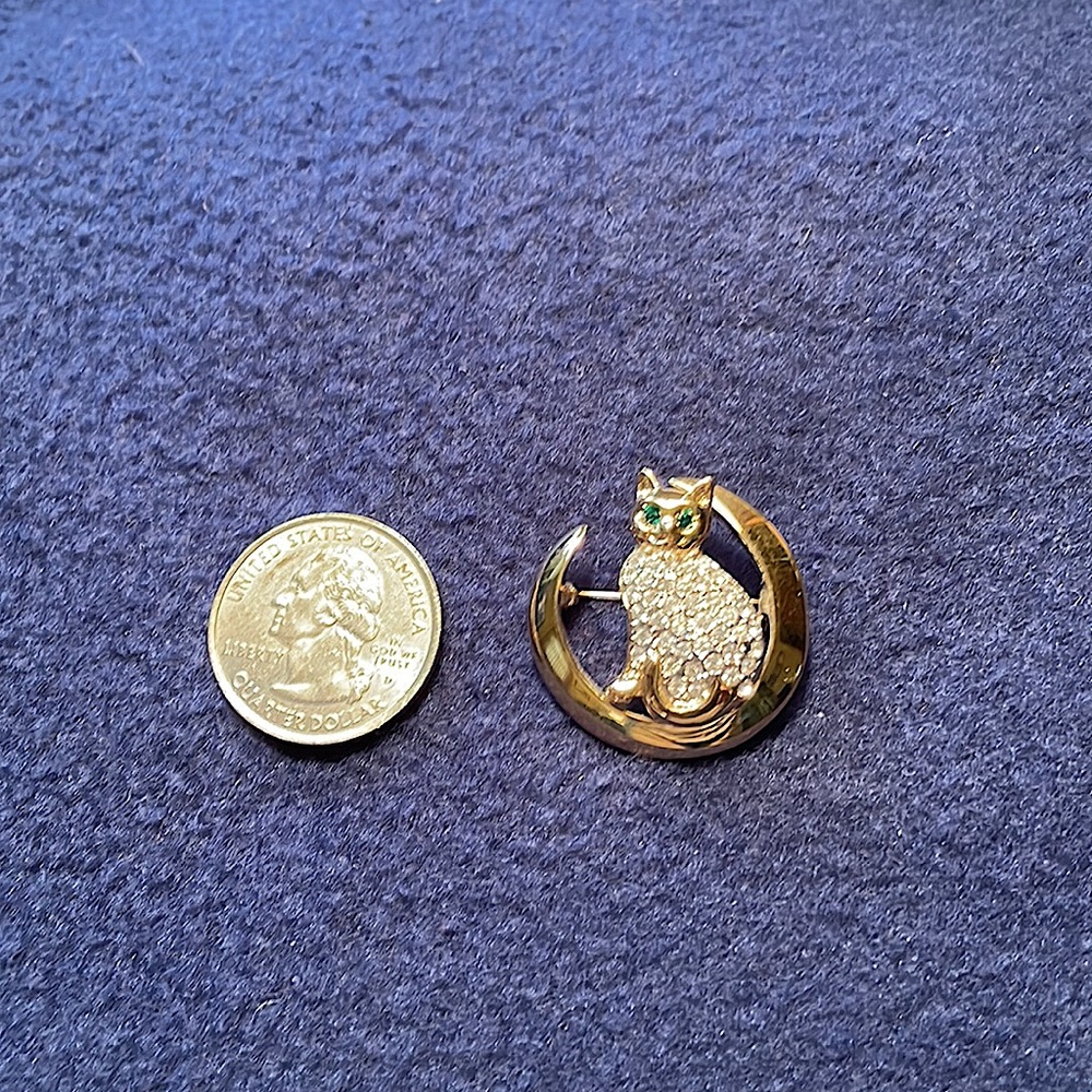 Vintage goldtone metal and rhinestone cat pin. Green eyes. Sturdy clasp. Cute! - Picture 4 of 4